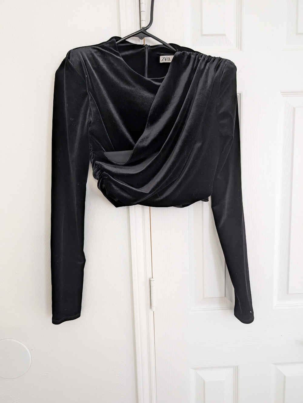Zara Black Velvet Draped Long-Sleeve Crop Top